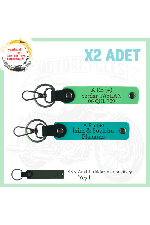 Motosikleçiye Hediye, İsim Plaka Ve A + Kan Grubu Yazılı X2 Anahtarlık, K Turkuaz-F Yeşil-Ysl