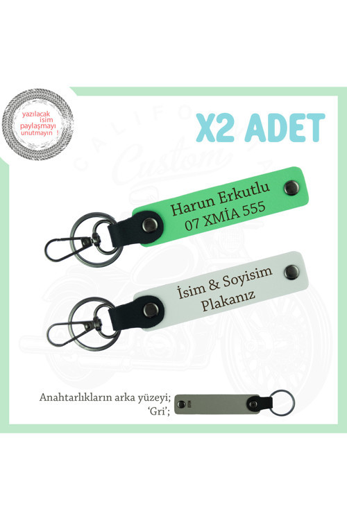Tarz Sahibi Sürücülere Özel, İsim Ve Plaka Yazılı Deri 2’Li Anahtarlık, Beyaz-F Yeşil-Gr