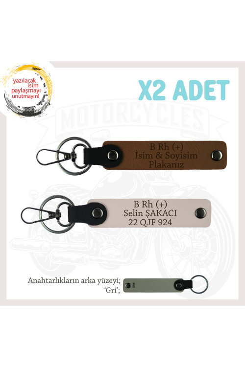 Biker Tarzına, İsim Plaka Ve B Rh (+) Kan Grubu Yazılı Güvenli Sürüş Anahtarlığı X2, Kahve-Pudra-Gr
