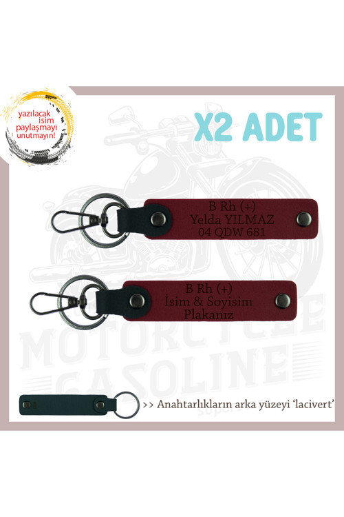Hız Aşıklarına İsim Plaka Ve B Rh (+) Kan Grubu Yazılı Özel Hediye X2' Li Set Anahtarlık, Bordo-Laci