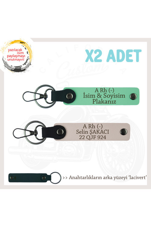 Sürücülere Özel, İsim Plaka Ve A Rh (-) Kan Grubu Hediyelik X2' Li Anahtarlık Set, Yeşil-Pudra-Laci