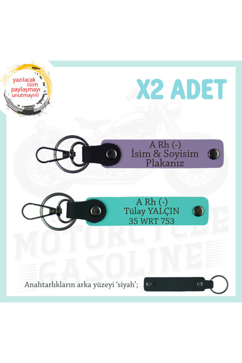 Motosiklet Aşıklarına, İsim Plaka Ve A Rh (-) Kan Grubu, Acil Durum X2 Anahtarlık, Mor-Turkuaz-Syh