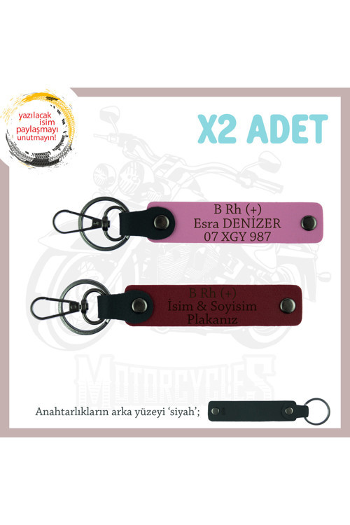 Özel İsim Plaka Ve B Rh (+) Kan Grubu Yazılı Anlamlı Hediye, Deri X2 Anahtarlık Set, Pembe-Bordo-Syh