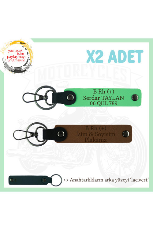 Bikerlar İçin İsim Plaka Ve B Rh (+) Kan Grubu Yazılı Hediyelik 2' Li Anahtarlık, Kahve-F Yeşil-Laci