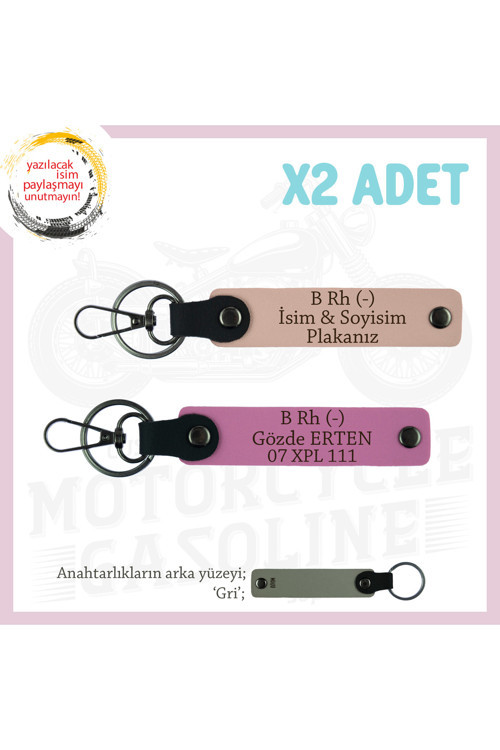 Motorcu Sevgiliye Hediye, İsim Plaka Ve B Rh (-) Kan Grubu Yazılı X2 Anahtarlık, Yavruağzı-Pembe-Gr