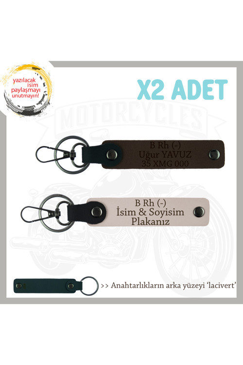 Motosiklet Severlere Özel, İsim Plaka Ve B Rh (-) Kan Grubu Yazılı X2 Anahtarlık, Pudra-K Kahve-Laci