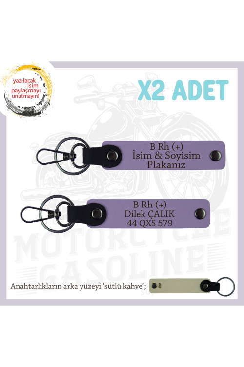 Motor Tutkunlarına, İsim Plaka Ve B+ Kan Grubu Yazılı Özel Üretim X2' Li Anahtarlık, Armağan, Mor-Sk