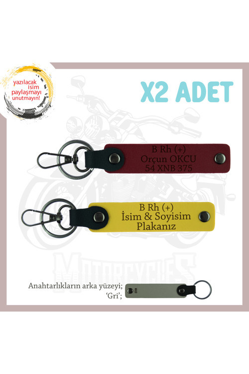 Motor Tutkunlarına İsim Plaka Ve B Rh (+) Kan Grubu Yazılı Özel Üretim X2 Anahtarlık, Sarı-Bordo-Gr