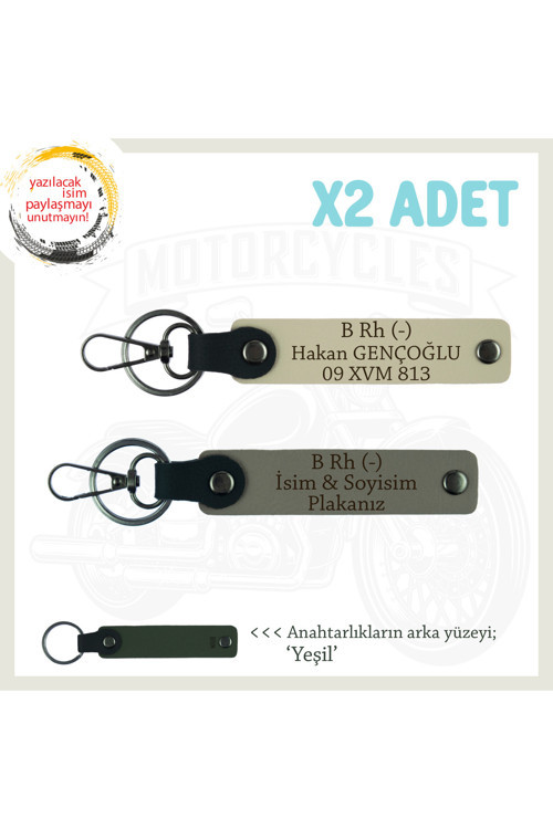 Motor Severlere Özel, İsim Plaka Ve B Rh (-) Kan Grubu Yazılı X2 Anahtarlık Set, Kül Gri-S Kahve-Ysl