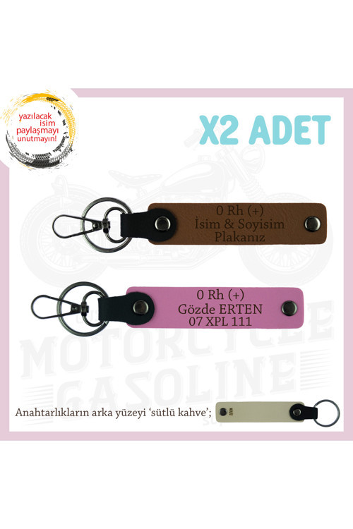 Motosiklet Aşıkları İçin, İsim Plaka Ve 0 (+) Kan Grubu Yazılı Kişisel X2 Anahtarlık, Kahve-Pembe-Sk