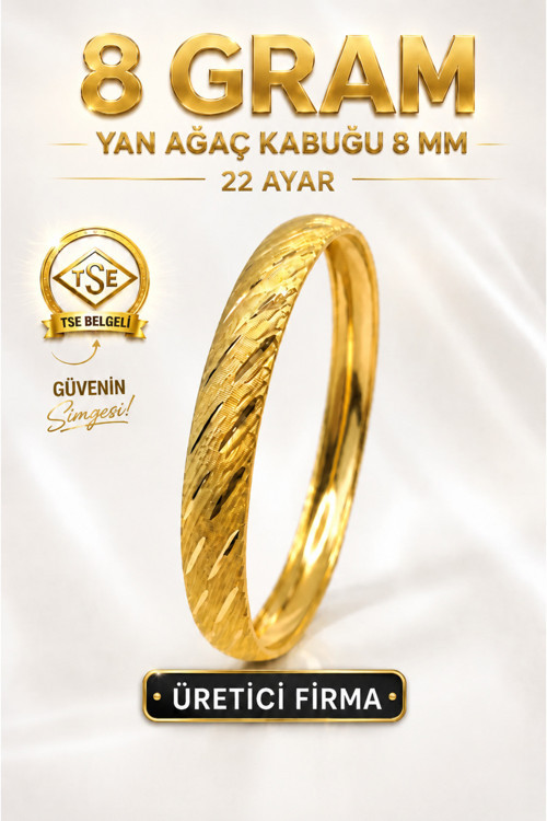 22 Ayar TSE Belgeli (8 GRAM) Yan Ağaç Kabuğu Ajda Bilezik 8 mm Gold İşçiliksiz Altın