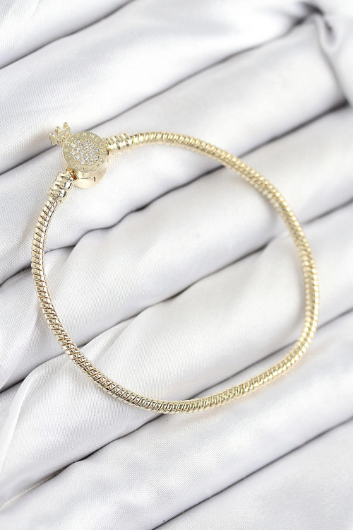 Pirinç Charm Zirkon Taşlı Taç Model Gold Renk Kadın Bileklik 5886
