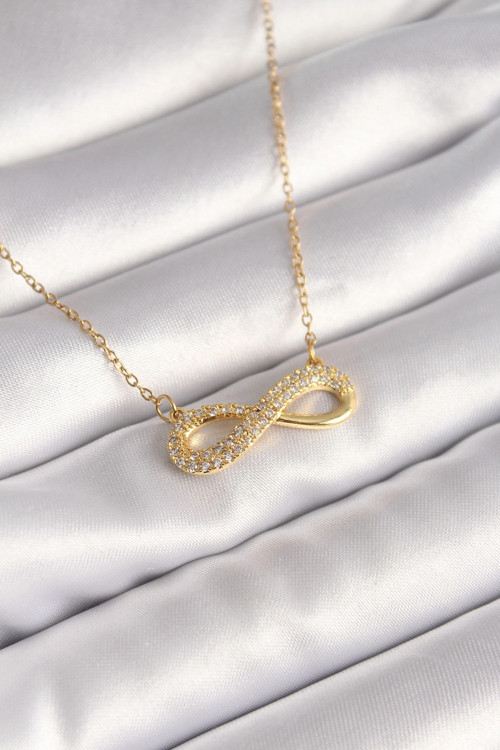 316L Çelik Gold Renk Zincir Zirkon Taşlı Sonsuzluk Model Kadın Kolye 5886