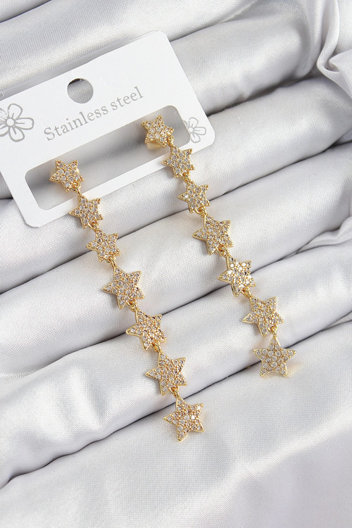 Pirinç Zirkon Taşlı Sallantılı Yıldız Model Gold Renk Kadın Küpe 5886