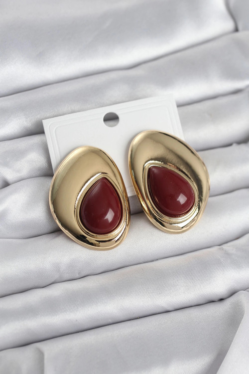 Pirinç Gold Renk Bordo Taşlı Damla Model Vintage Kadın Küpe 5886