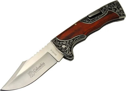 Columbia B3157A İşlemeli Kamp Çakı 22 cm - Gül Ağacı Saplı, Manuel Açılma