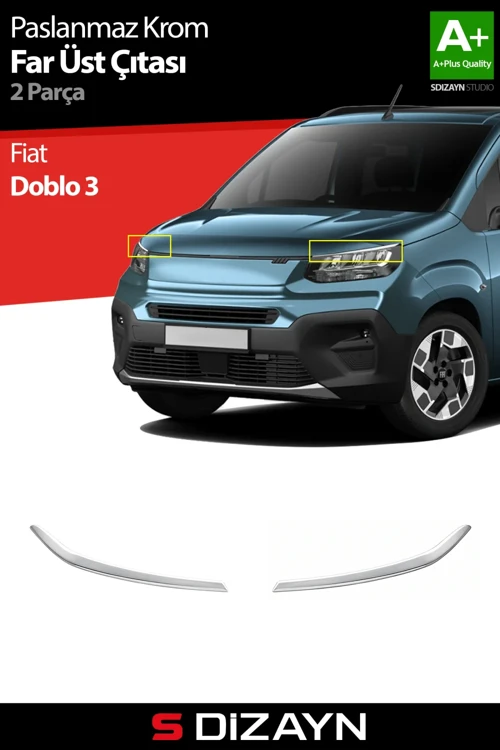 Fiat Doblo 3 Krom Far Üst Çıtası 2 Prç. 2023 Üzeri A+ Kalite