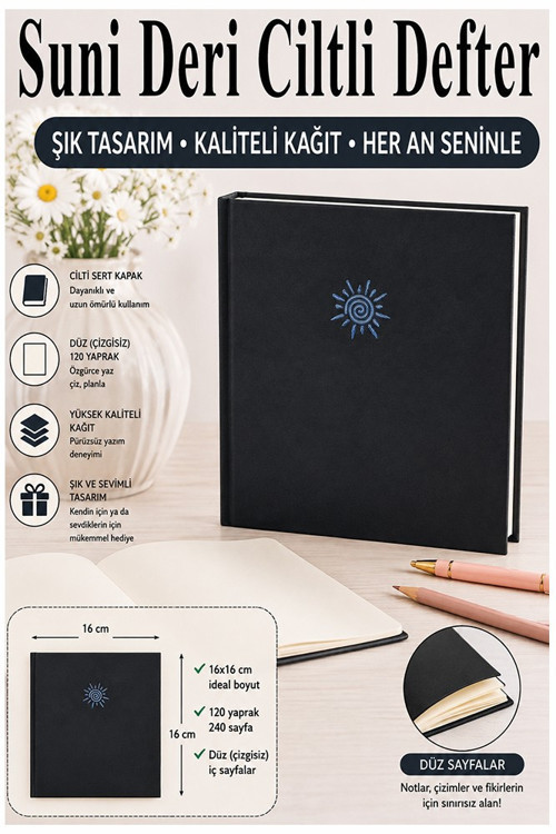 Kare Not Defteri 16x16cm 1 Adet Lizz Sert Kapak 120 Yaprak Ciltli Çizgisiz Özel Anı Günlük Defteri Suni Deri