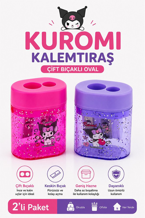 Kuromi Oval Kalemtraş 2 Li 590161 Kuromi Figürlü Hazneli Çift Bıçaklı Kalem Açacağı Sevimli Plastik Kalem Traş Hazneli