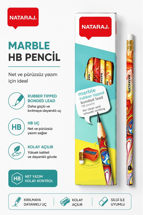 Kurşun Kalem HB 1 Düzine Kalemtraş Silgi Hediyeli Nataraj Kurşun Kalem Mermer Desen 1 Düzine