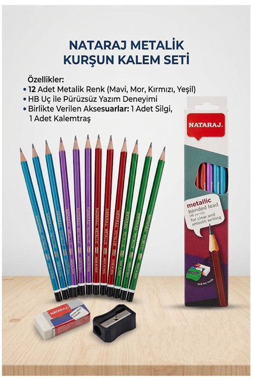 Kurşun Kalem HB 1 Düzine Kalemtraş Silgi Hediyeli Nataraj Kurşun Kalem Metalik Renk 1 Düzine