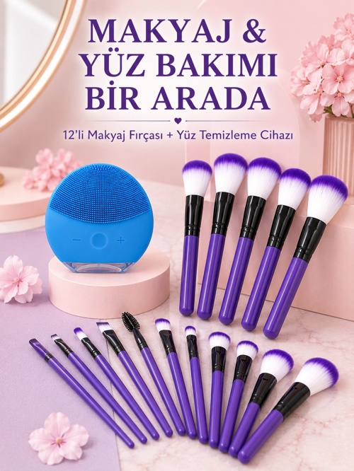 zeyta12 Makyaj Ve Yüz Bakım Seti 12’li Mor Makyaj Fırçası Silikon Yüz Temizleme Ve Cilt Bak�