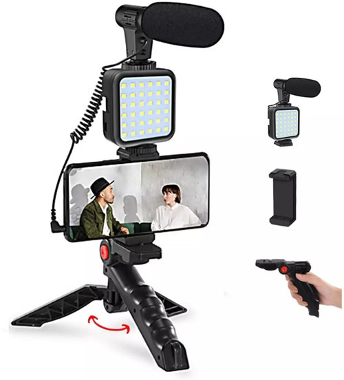 Tripod, Selfie, Video Üretimi için Kit, Stand, Uzaktan Kumandalı Mikrofon Led Işık ve Mini Tripod Telefon Vlog Video için aradığınız herşey bu kutuda AY-49