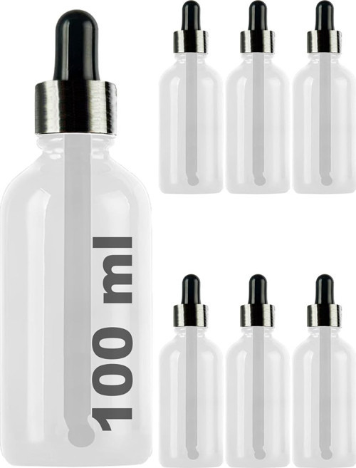 100 ml Metal Kapaklı Damlalık Dropper Şişesi Serum 100 cc Cam Şişe 6 Adet (Siyah Kapak, Şeffaf)