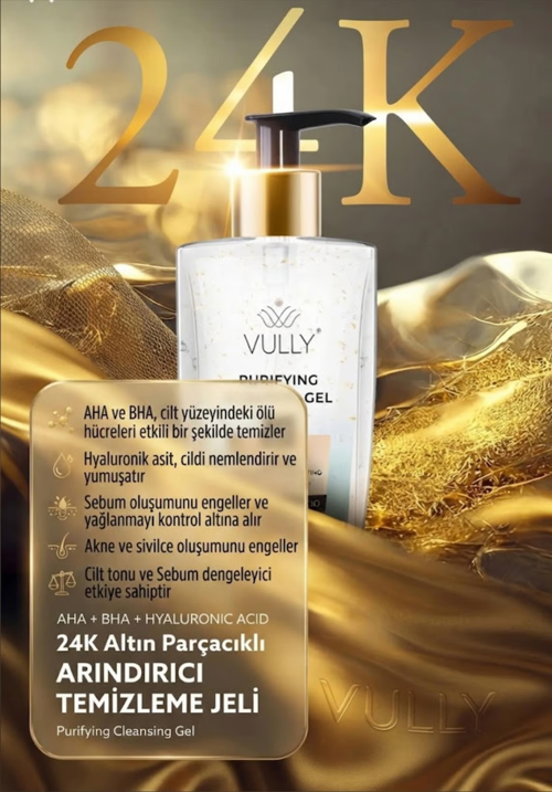 24K Altın Parçacıklı Arındırıcı Yüz Yıkama Jeli 400 ml - AHA + BHA & Hyaluronic Acid (Özel Seri)