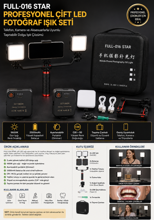 FULL-016 STAR Profesyonel Çift LED Fotoğraf & Video Işık Seti – Taşıma Çantalı