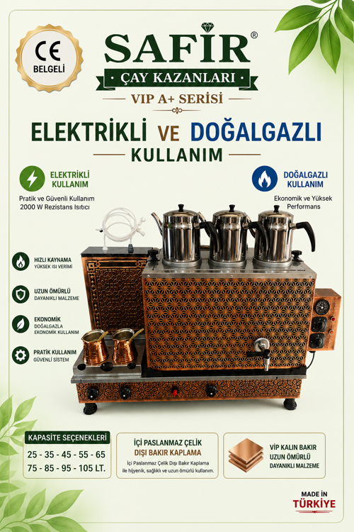 3 GÖZLÜ BAKIR ÇAY KAZANI ELEKTRİK + DOĞALGAZLI CE BELGELİ BAKIR ÇAY SEMAVERİ DOĞALGAZLI YILDIZ MODEL BAKIR ÇAY OCAĞI KAZANI VİP PLUS