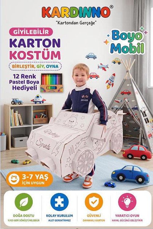 Giyilebilir Karton Araba Kostümü Boyo Mobil - Çocuk Araba Boyama Maketi (Pastel Boya Hediyeli)