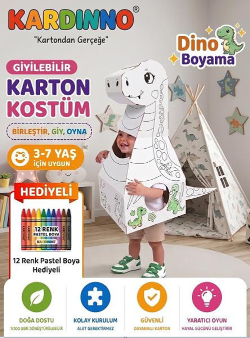 Giyilebilir Karton Dinozor Kostümü - Çocuk Boyama Maketi Eğitici Oyuncak (Pastel Boya Hediyeli)