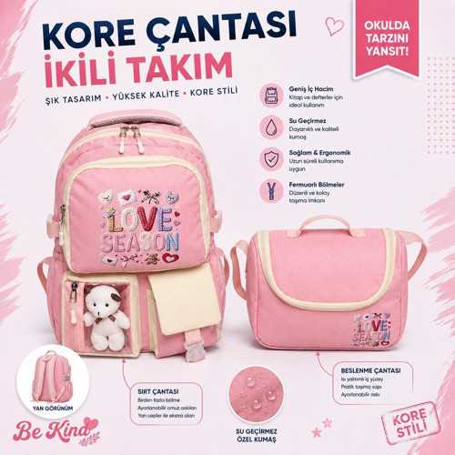 Kore Tarzı Ayıcıklı İlkokul Çantası ve Termal Beslenme Çantası 2'li Set
