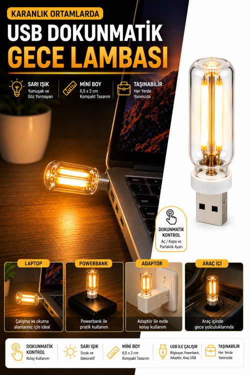 Usb Led Gece Lambası Sarı Işık Dokunmatik Mini Taşınabilir Lamba Laptop Powerbank Araç İçi 6,5 cm 5V