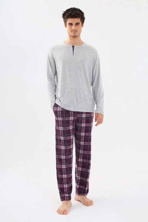 Erkek Pamuklu Uzun Kollu Önü Patlı Ekose Desenli Pijama Takımı