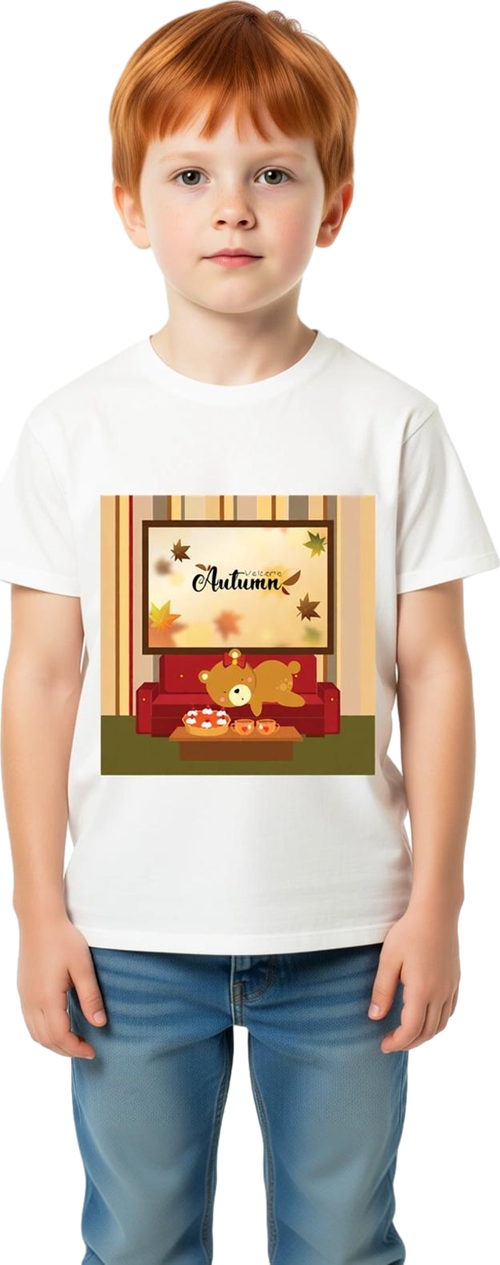 Çocuk Sonbahar Temalı Baskılı Tişört Rahat Kesim Kısa Kol Yuvarlak Yaka Mevsim Geçişi Hediye Günlük