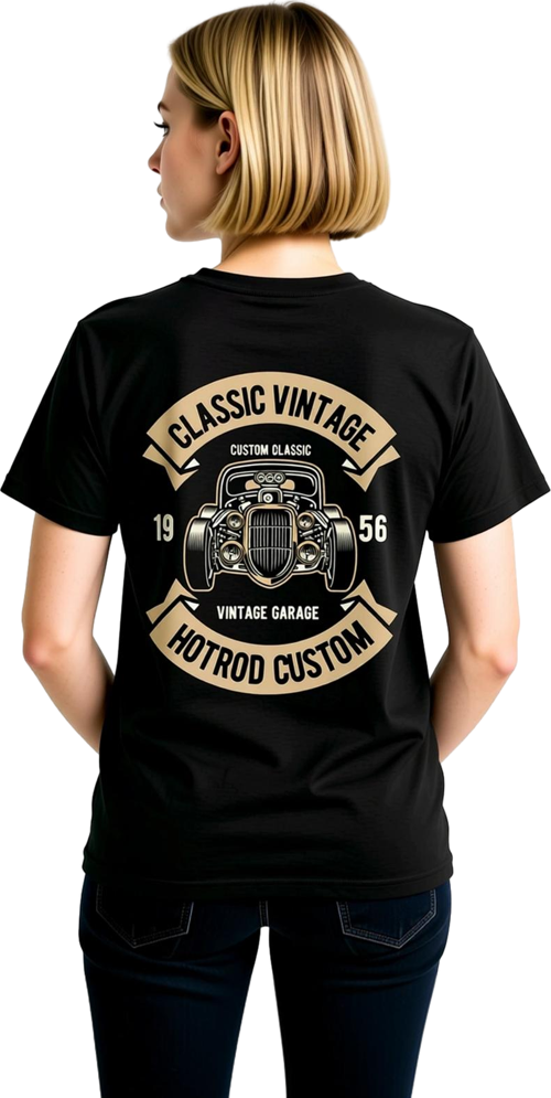 Kadın Vintage Hotrod Garage Baskılı Kısa Kollu Tişört %100 Pamuk Rahat Kesim Günlük Modern Şık Zarif