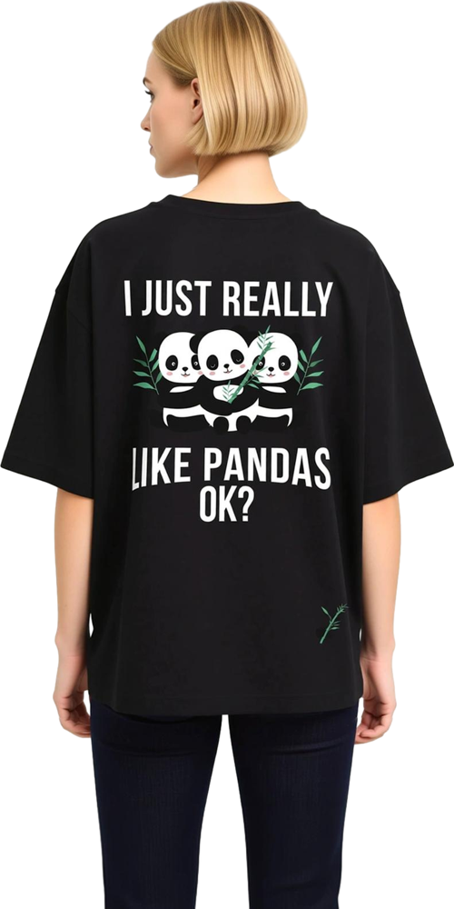Kadın Oversize Baskılı Tişört Panda Desenli Grafik Yazı Detaylı Rahat Kesim Günlük Giyim Modern