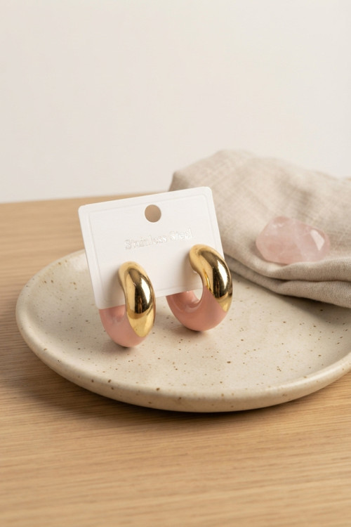 316L Çelik Gold Renk Pembe Halka Model Kadın Küpe TG27BKP12032