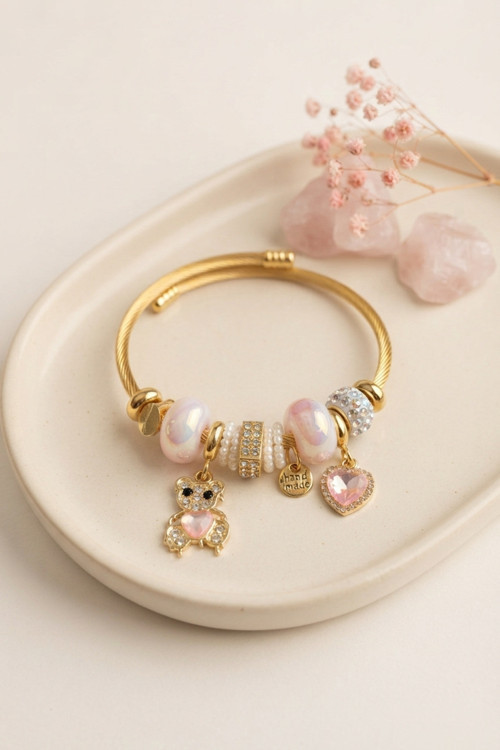 Tedy Bear Model Gold Renk Pembe Charmlı Bileklik - Lisinya