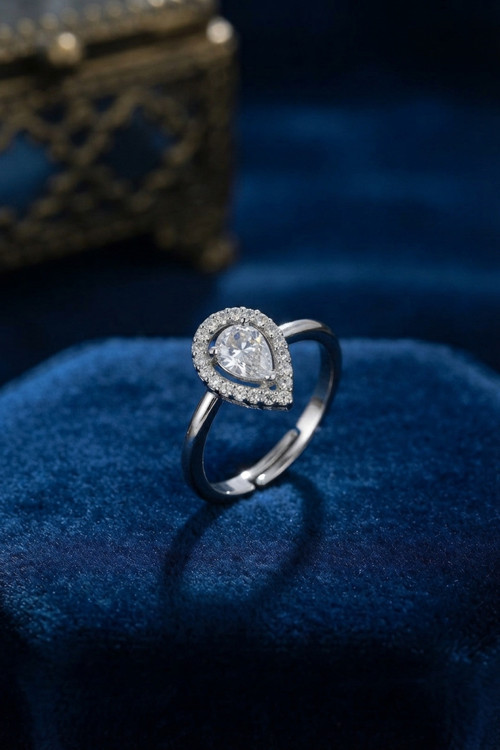 Ayarlamalı Silver Renk Metal Zirkon Kristal Taşlı Damla Model Yüzük - Lisinya