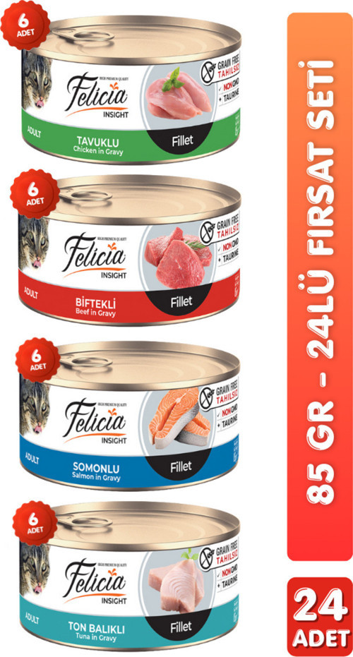 24'Lü Tahılsız Premium Karışık Aromalı Kedi Konserve Maması Kedi Yaş Maması 85Gr X 24 Adet