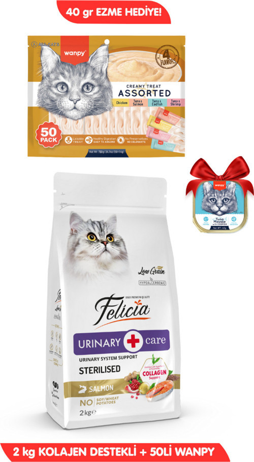 3Lü Set: Hipoalerjenik Somonlu Kısır Kedi Maması 2Kg + 50X14Gr Wanpy Krema Kedi Ödülü Ezme Hediyeli!