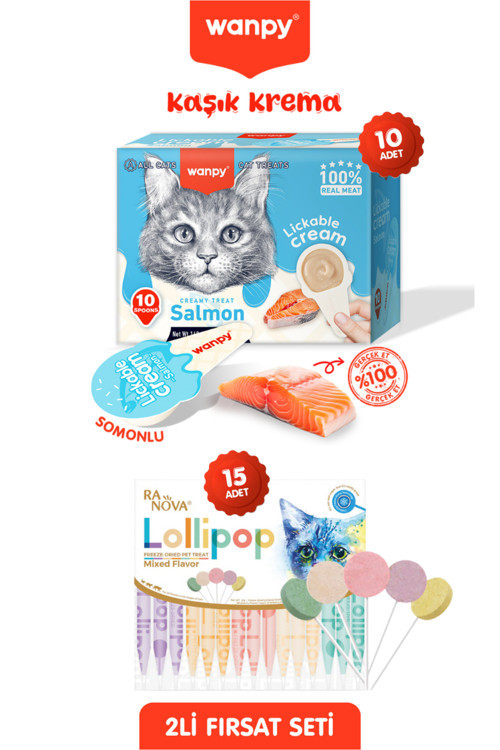 2Li Set - Somonlu Tahılsız Kaşıklı Kedi Ödül Kreması Ve 15'Li Kedi Lolipopu Kedi Ödülü 10 X 16Gr