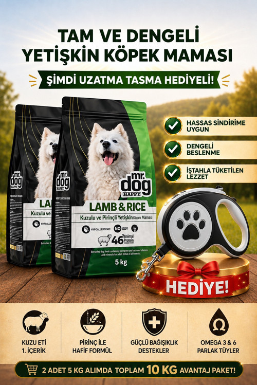Mr. Dog Happy Sensitive Kuzu Etli ve Pirinçli Yetişkin Köpek Maması 2 x 5 Kg (Toplam 10 Kg) -ŞİMDİ UZATMA TASMASI HEDİYELİ