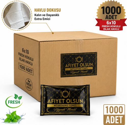 Tek Kullanımlık Islak havlu Paket - afiyet olsun Baskılı Poşet / 1000 Adet / Koli