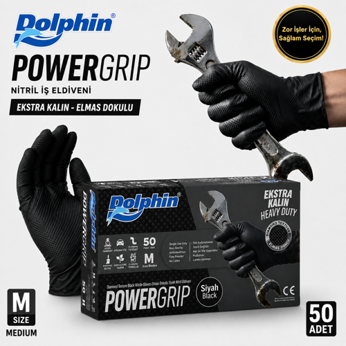 Dolphin Nitril PowerGrip Ekstra Kalın Elmas Dokulu İş Eldiveni M 50'li Paket