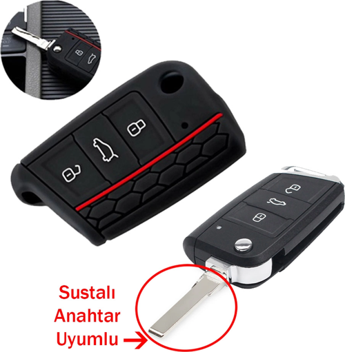 Seat Ibiza Leon Ateca Sustalı Anahtar Uyumlu Silikon Oto Anahtar Kumanda Kabı Siyah Kırmızı