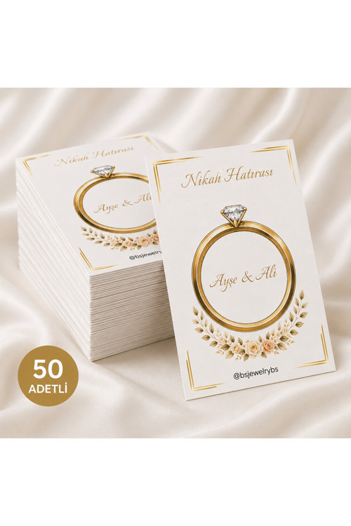 50 Adet Kişiye Özel Nikah Hatırası Kartı | Yüzük Tasarımlı Söz, Nişan, Nikah Hediyelik Kartı | İsim Baskılı 9,5 x 15 cm 50 Adet
